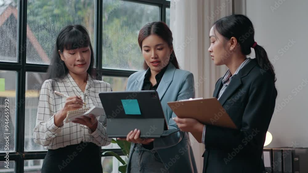 Three young businesswomen engage in a productive conversation in a modern office. Utilizing a digital tablet, they take notes while discussing business strategies and analyzing data Three young businesswomen engage in a productive conversation in a modern office. Utilizing a digital tablet, they take notes while discussing business strategies and analyzing data