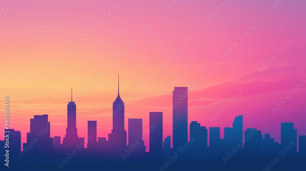 Obraz premium Glowing outline of a city skyline at dusk, capturing the transition from day to night, city glowtime, urban and dynamic