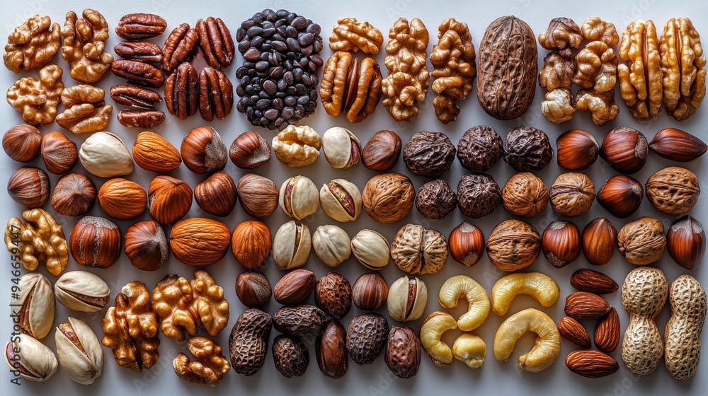 Assorted Nuts in Rows on a Light Background Generative AI Assorted Nuts in Rows on a Light Background Generative AI