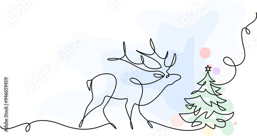 Deer. Christmas or New Year decoration. Continuous one line drawing.