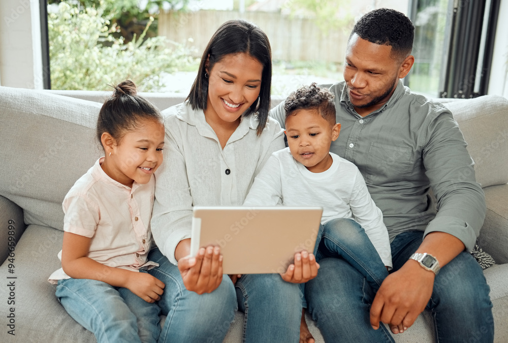 Smile, video call and tablet with family in living room of home for bonding, entertainment or love. App, communication or social media with mother, father and children in apartment for subscription Smile, video call and tablet with family in living room of home for bonding, entertainment or love. App, communication or social media with mother, father and children in apartment for subscription
