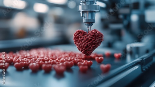 A high-tech 3D printer precisely fabricates a textured, heart-shaped object, highlighted in the foreground, with numerous similar smaller objects scattered in the background. photo