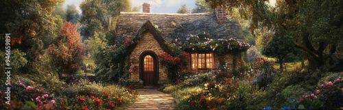 A charming stone cottage with a thatched roof nestled amidst a vibrant garden, bathed in warm sunlight. The cottage features an arched doorway leading to a cozy interior, while lush greenery and color photo