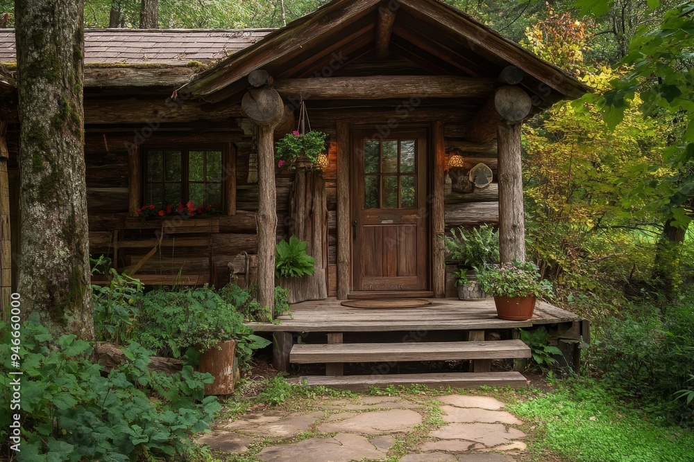 A charming woodland cabin with a wooden door and porch welcomes visitors with a stone pathway, surrounded by lush greenery, a cozy cabin getaway with natural elements. A charming woodland cabin with a wooden door and porch welcomes visitors with a stone pathway, surrounded by lush greenery, a cozy cabin getaway with natural elements.