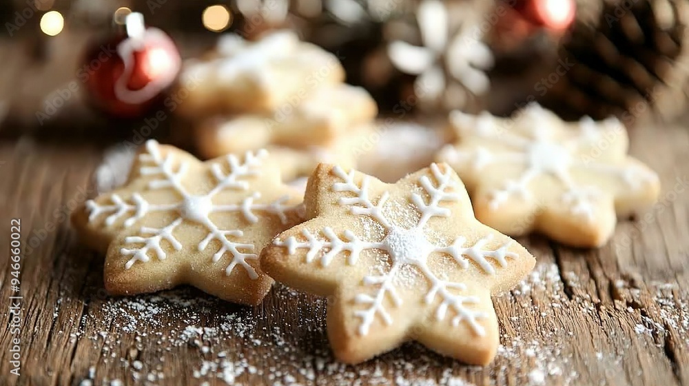 A close-up of snowflake-shaped cookies on a wooden table, with a Christmas ornament in the background A close-up of snowflake-shaped cookies on a wooden table, with a Christmas ornament in the background