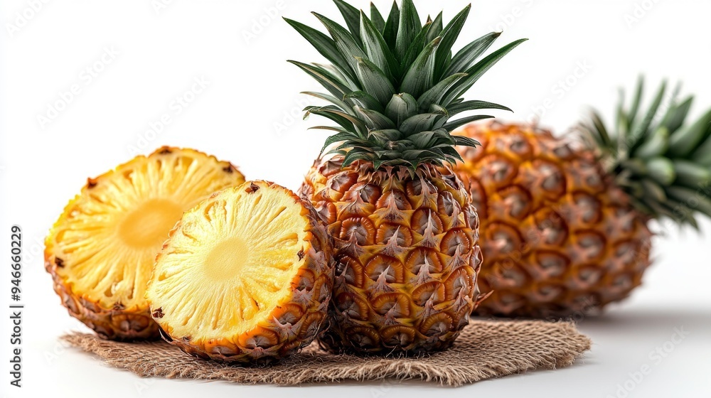 Fresh Pineapples with Halves on Burlap Generative AI Fresh Pineapples with Halves on Burlap Generative AI