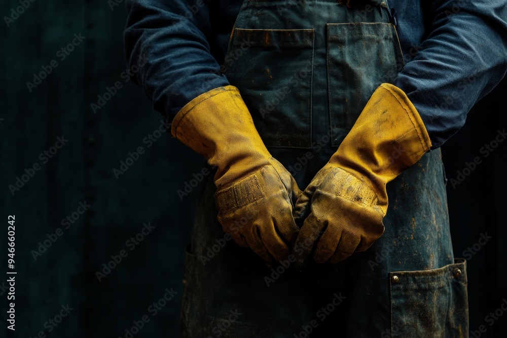 A close-up image of a construction worker's hands, wearing thick yellow gloves, showcasing the strength and dedication of blue-collar workers. The image symbolizes hard work, safety, construction, an A close-up image of a construction worker's hands, wearing thick yellow gloves, showcasing the strength and dedication of blue-collar workers. The image symbolizes hard work, safety, construction, an