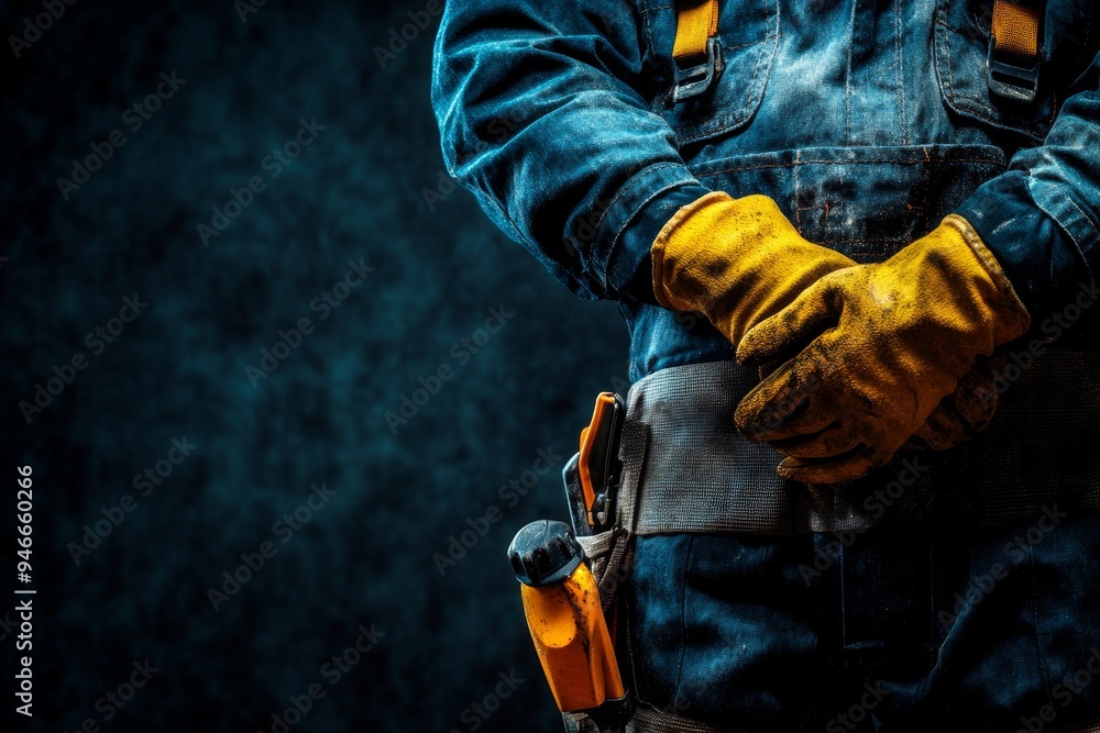 A close-up image of a construction worker's hands and torso, showcasing his sturdy workwear, gloves, and tool belt. This image symbolizes strength, dedication, and the importance of safety in a demand A close-up image of a construction worker's hands and torso, showcasing his sturdy workwear, gloves, and tool belt. This image symbolizes strength, dedication, and the importance of safety in a demand