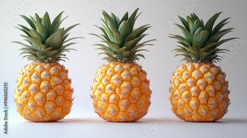 Three ripe pineapples in a row Generative AI