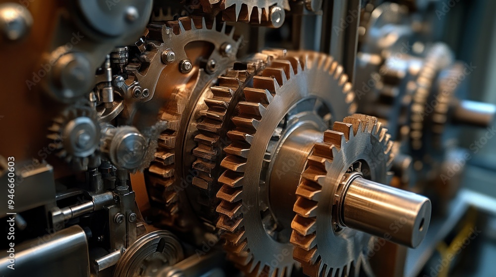 Fototapeta premium Closeup of Metal Gears and Sprockets in a Machine