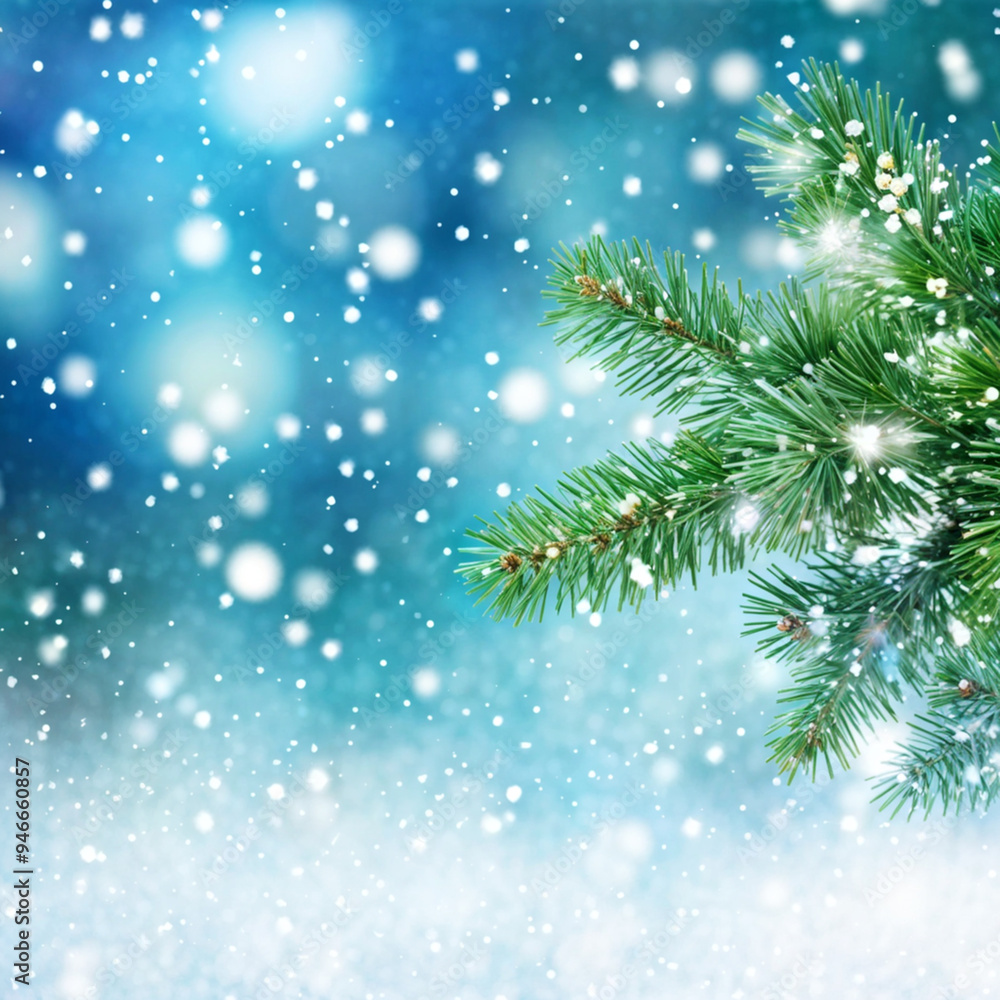Shimmering Evergreen Branch with Glittering Snowflakes Shimmering Evergreen Branch with Glittering Snowflakes