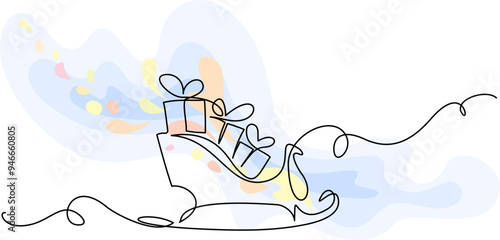 Santa sleigh with boxes of presents. Continuous one line drawing.