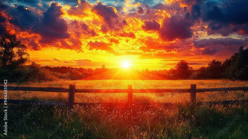 Sunset over fenced field with flowers in foreground Sunset over fenced field with flowers in foreground