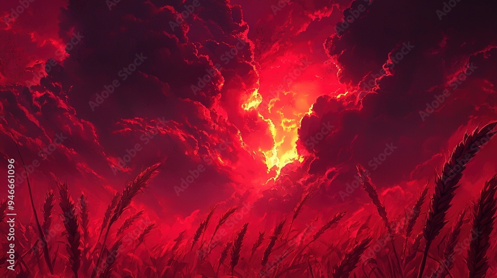 Red sky with clouds in the background and grass in the foreground, featuring a central red sun Red sky with clouds in the background and grass in the foreground, featuring a central red sun