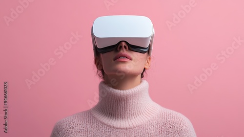 An individual exploring a virtual world through a VR headset, set against a serene pink background, representing the intersection of modern technology and tranquil spaces. photo