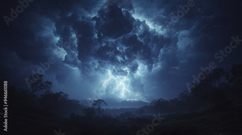  Dark blue sky with lightning-filled cloud in the backdrop, trees in the fg & dark clouds in the bg