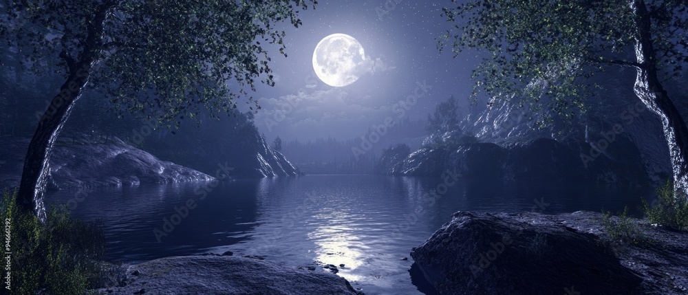 Tranquil Moonlit Lake Surrounded by Trees and Mountains Tranquil Moonlit Lake Surrounded by Trees and Mountains