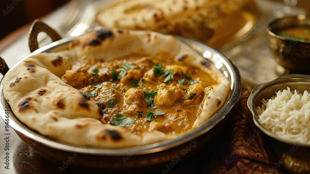 Authentic Indian curry with naan bread served on a traditional table setting. Authentic Indian curry with naan bread served on a traditional table setting.