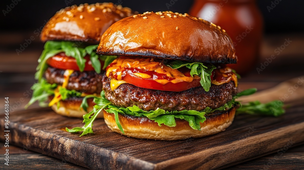 Double patty burger with lettuce, tomato, and a special sauce, served on a wooden board. Double patty burger with lettuce, tomato, and a special sauce, served on a wooden board.