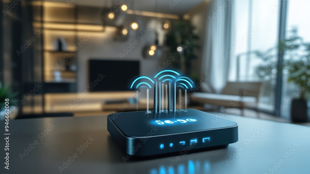 A modern wireless router with glowing signals, showcasing technology in a stylish home interior environment. A modern wireless router with glowing signals, showcasing technology in a stylish home interior environment.