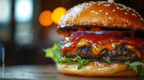 A close-up shot of a mouthwatering burger with a juicy patty, melted cheese, fresh lettuce, and red onion.  The burger is perfectly cooked and the sauce is dripping down the sides. The image is perfec photo