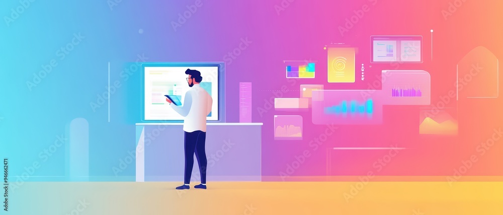 A professional analyzing data trends on a digital screen in a vibrant, modern workspace. A professional analyzing data trends on a digital screen in a vibrant, modern workspace.