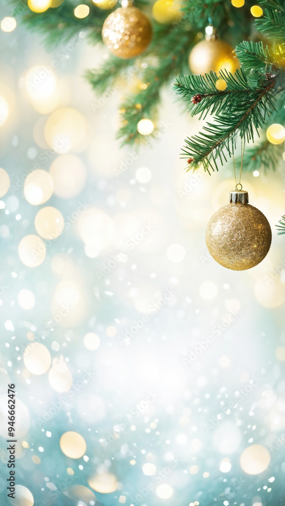 Shimmering Evergreen Branch with Glittering Snowflakes Shimmering Evergreen Branch with Glittering Snowflakes