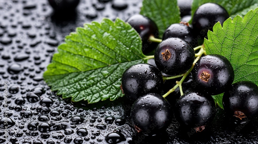 Blackberries on a wet table with green leaves Blackberries on a wet table with green leaves