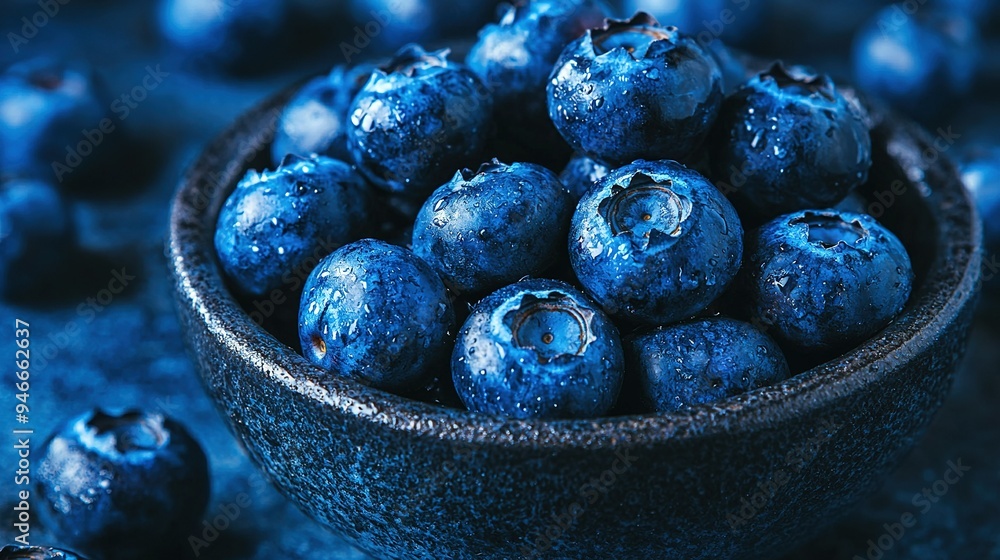 Blueberries in a bowl on a blue tablecloth with adjacent pile Blueberries in a bowl on a blue tablecloth with adjacent pile