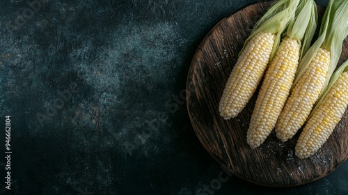 A close-up shot of four fresh corn cobs arranged on a rustic wooden cutting board, set against a dark blue background. The corn is still in its husks, with the kernels visible, suggesting a simple and photo