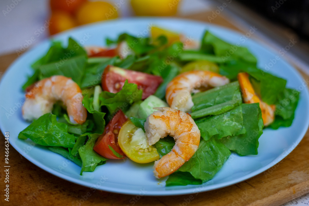 Salad with shrimp with cherry, lemon and vegetables. Healthy food. Homemade simple recipe Salad with shrimp with cherry, lemon and vegetables. Healthy food. Homemade simple recipe