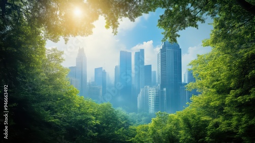 A stunning city skyline framed by lush green foliage, showcasing the harmony between nature and urban life under bright sunlight.