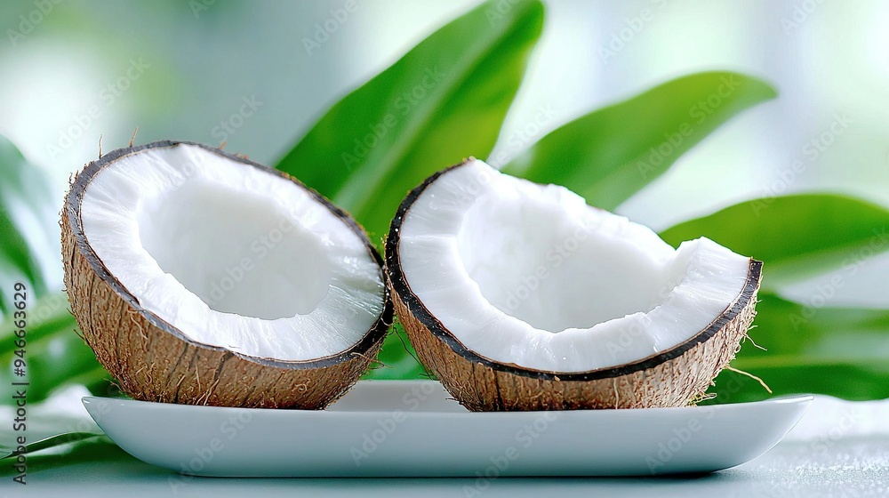 A pair of coconuts resting atop a white platter beside a lush green foliage A pair of coconuts resting atop a white platter beside a lush green foliage