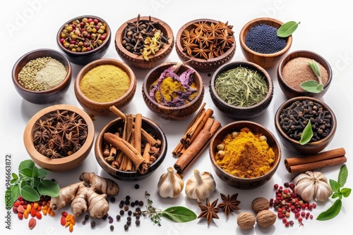 Assorted spices and herbs in wooden bowls on white background. Variety of colorful spices, roots, and seasonings with fresh herbs. Ayurveda, ayurvedic herbs, Generative AI