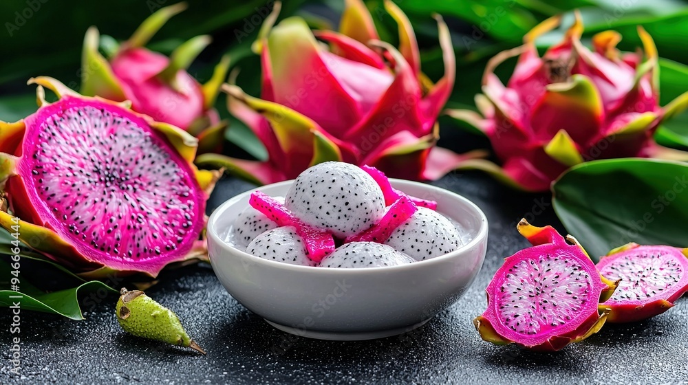 Dragon fruit in a bowl on a table with cut-up fruits Dragon fruit in a bowl on a table with cut-up fruits