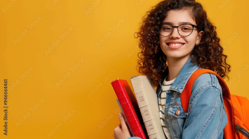 Portrait of a cheerful student with glasses, curly hair, holding books on a mustard yellow background, copy space Portrait of a cheerful student with glasses, curly hair, holding books on a mustard yellow background, copy space