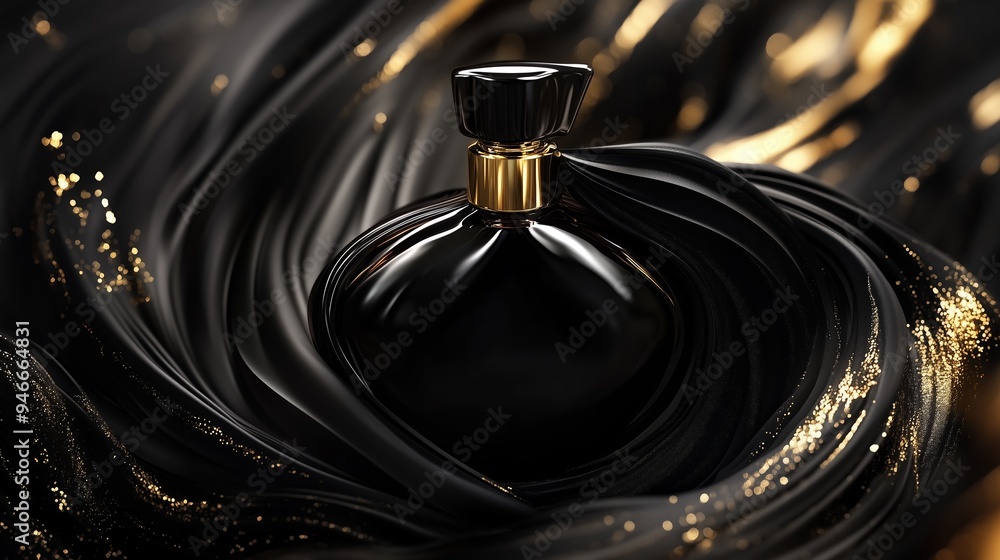 A luxury woman’s bottle of perfume in gold color on black background. A luxury woman’s bottle of perfume in gold color on black background.