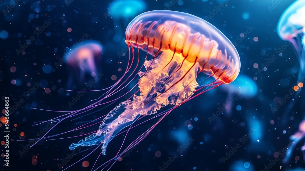 Glowing jellyfish in deep blue ocean, illuminating their surroundings, underwater glowtime, captivating and surreal marine life Glowing jellyfish in deep blue ocean, illuminating their surroundings, underwater glowtime, captivating and surreal marine life