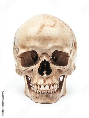 A detailed anatomical study of a human skull, isolated against a white background. The skull is presented from a frontal view, showcasing its intricate bone structure, teeth, and empty eye sockets. Th