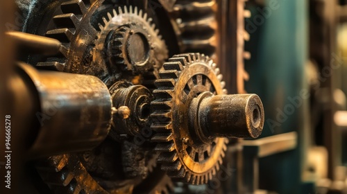 Close-up of Interlocking Gears in a Vintage Machine