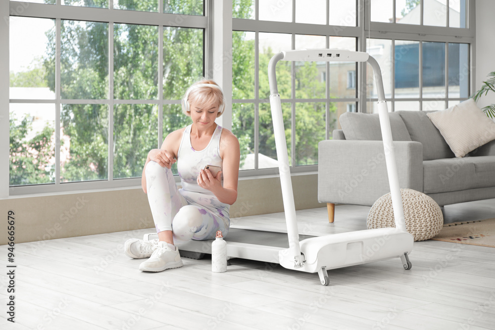 Sporty beautiful mature woman in headphones with treadmill, mobile phone and bottle of water at home Sporty beautiful mature woman in headphones with treadmill, mobile phone and bottle of water at home