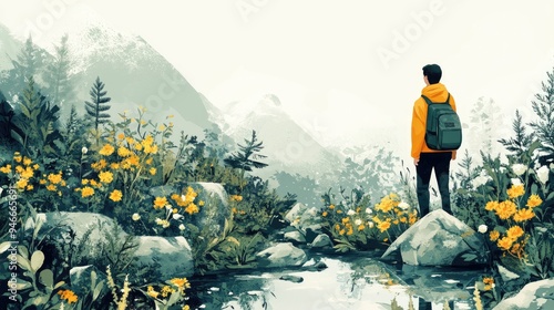 Man Hiking in Scenic Mountain Landscape with Wildflowers and Backpack photo