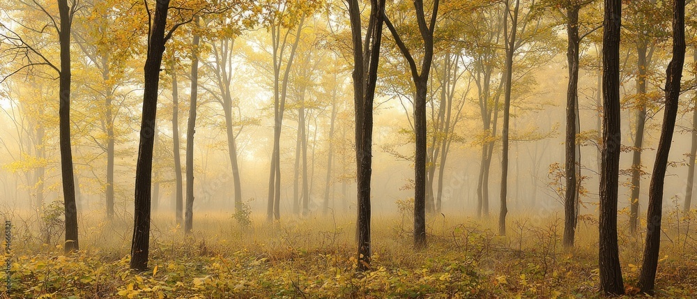 A Misty Forest Path Through Golden Fall Foliage A Misty Forest Path Through Golden Fall Foliage