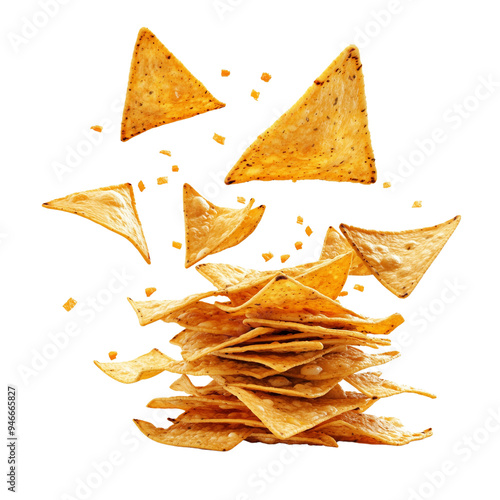 A dynamic stack of tortilla chips captured in mid-air, with some chips flying and crumbs falling, isolated on a white background