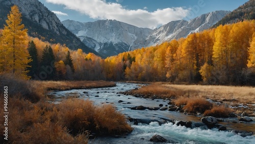 Split-screen view of autumn and winter landscapes with mountains, trees, and a stream