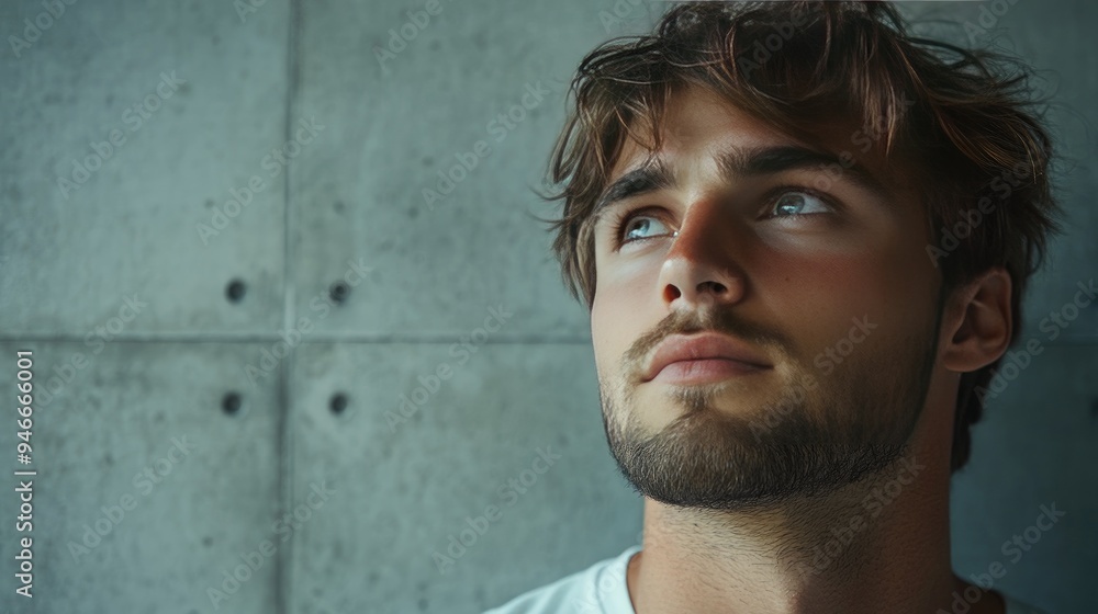 Contemplative Young Man with Beard and Messy Hair Looking Up Against Concrete Wall Background Contemplative Young Man with Beard and Messy Hair Looking Up Against Concrete Wall Background