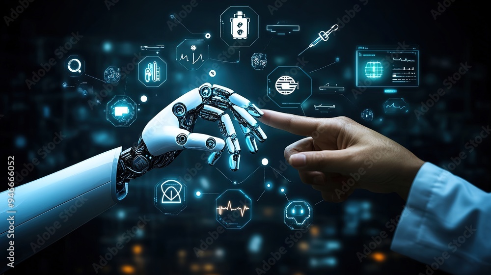 A human hand interacts with an artificial intelligence robotic hand ...