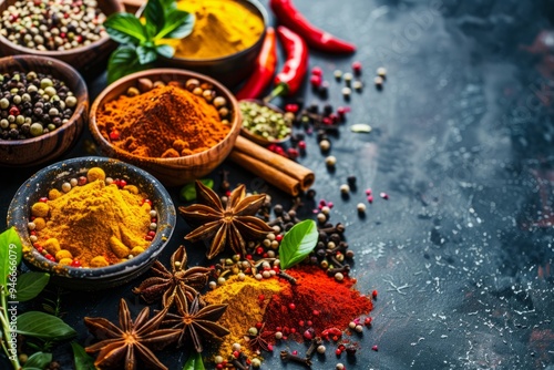 Fototapeta Naklejka Na Ścianę i Meble -  Assorted spices and herbs in bowls with star anise, peppercorns, and chili peppers on a dark textured background. Ayurveda, ayurvedic herbs, Generative AI