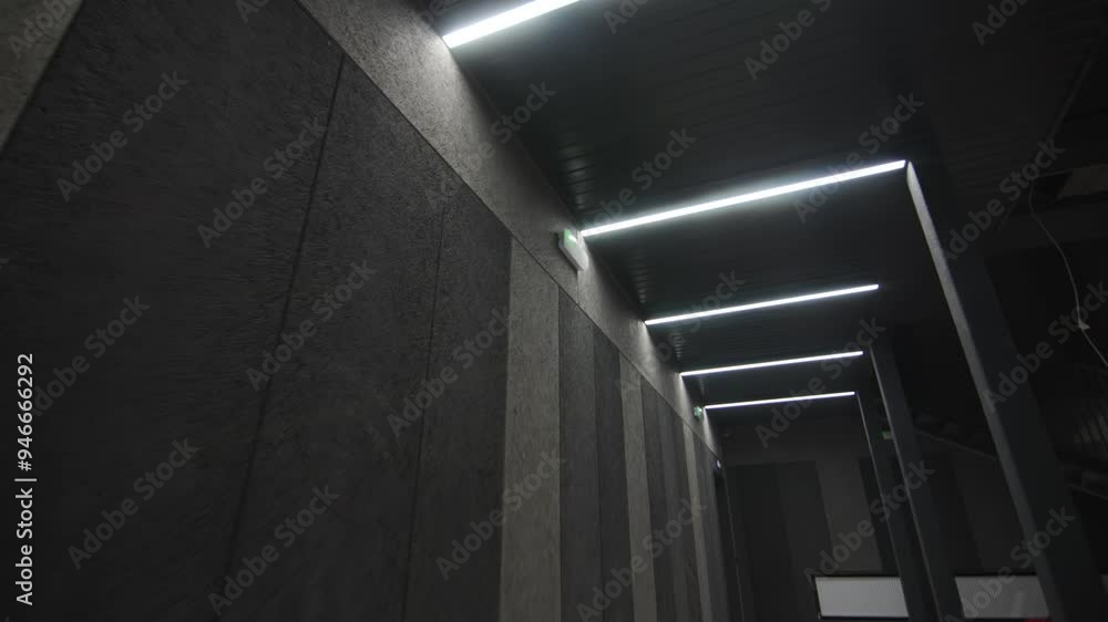 Hall with modern lighting complementing minimalist style. Hotel design with clean lines and uncluttered layout enhances sense of openness Hall with modern lighting complementing minimalist style. Hotel design with clean lines and uncluttered layout enhances sense of openness