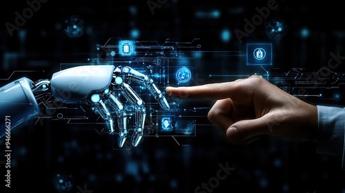 A human hand interacts with an artificial intelligence robotic hand with medical icons and a digital interface on dark background, illustrating healthcare technology. copy space for text.